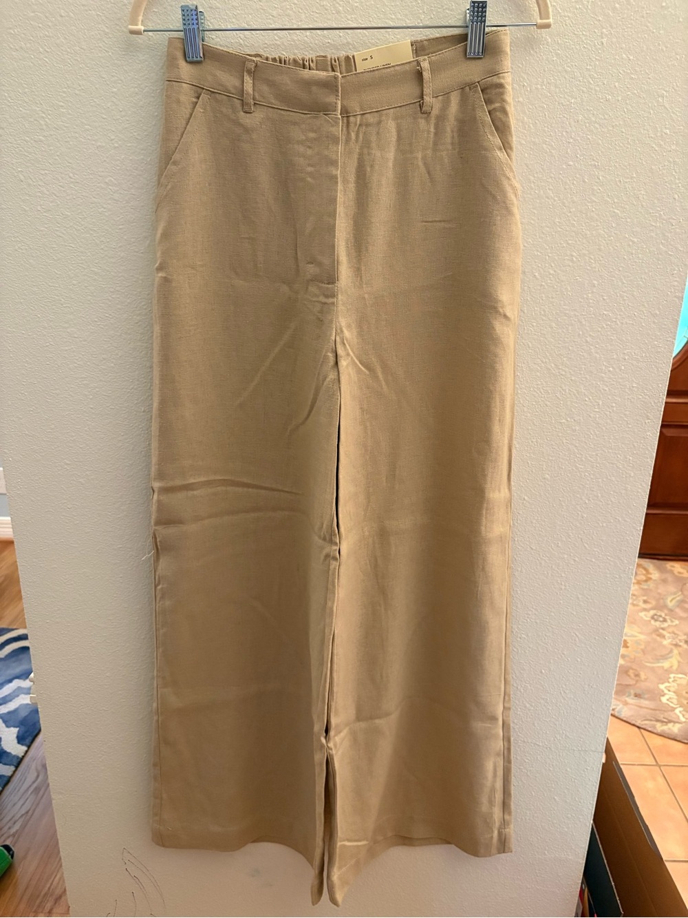 Max Studio Linen Blend Khaki Wide leg Chinos high rise elastic Small